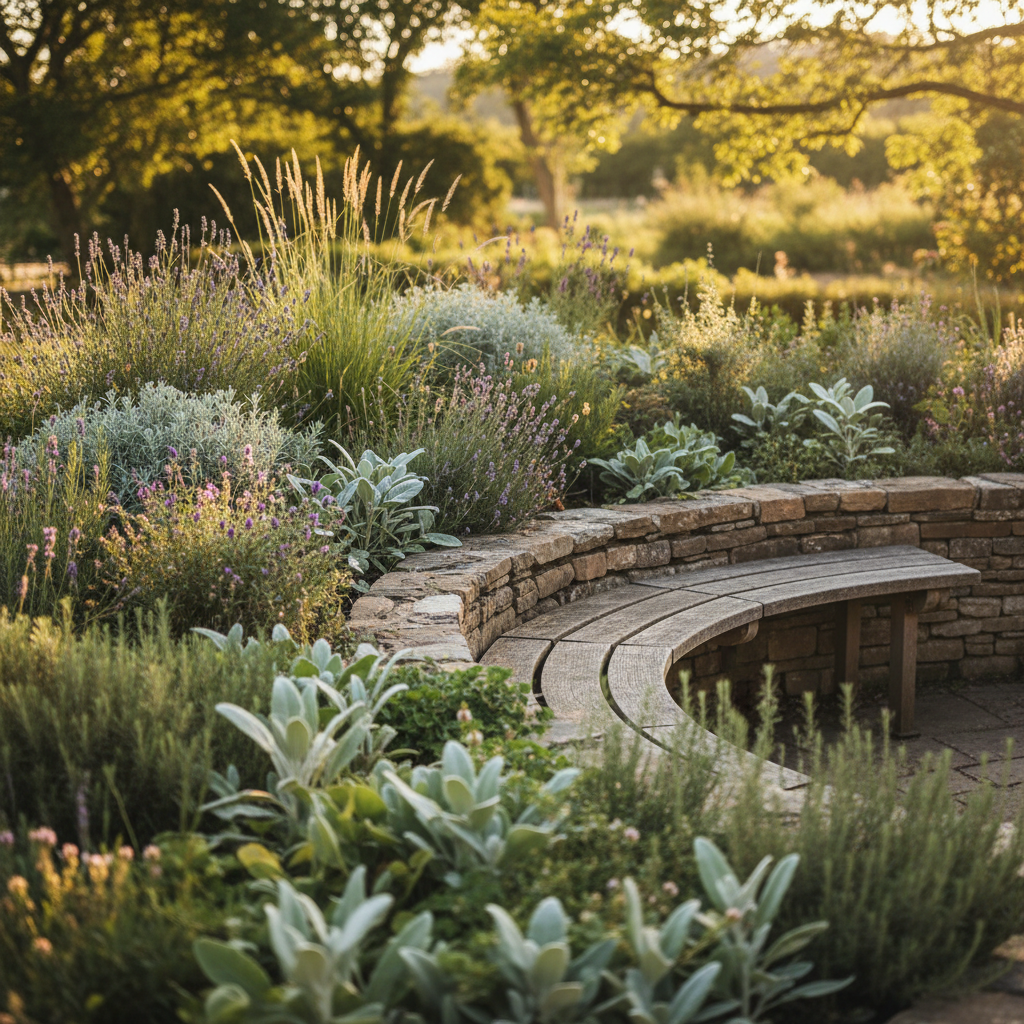 An intimate corner of a sensory garden featuring a curved, low stone wall embracing a lush planting of aromatic herbs, feathery grasses, and velvety lamb’s ear leaves. A simple weathered wooden bench without cushions nestles into the curve, its grain and patina clearly visible. Soft late-afternoon light filters through overhead tree branches, casting dappled patterns across the bench and textured foliage. The camera is positioned at a slightly elevated angle, framing the bench on the right third and allowing the layered planting to fill the foreground. Shallow depth of field keeps the nearest leaves crisp while the background melts into a gentle blur. The mood is restful and reflective, with photographic realism and a quietly sophisticated, nature-focused atmosphere that invites unhurried contemplation.
