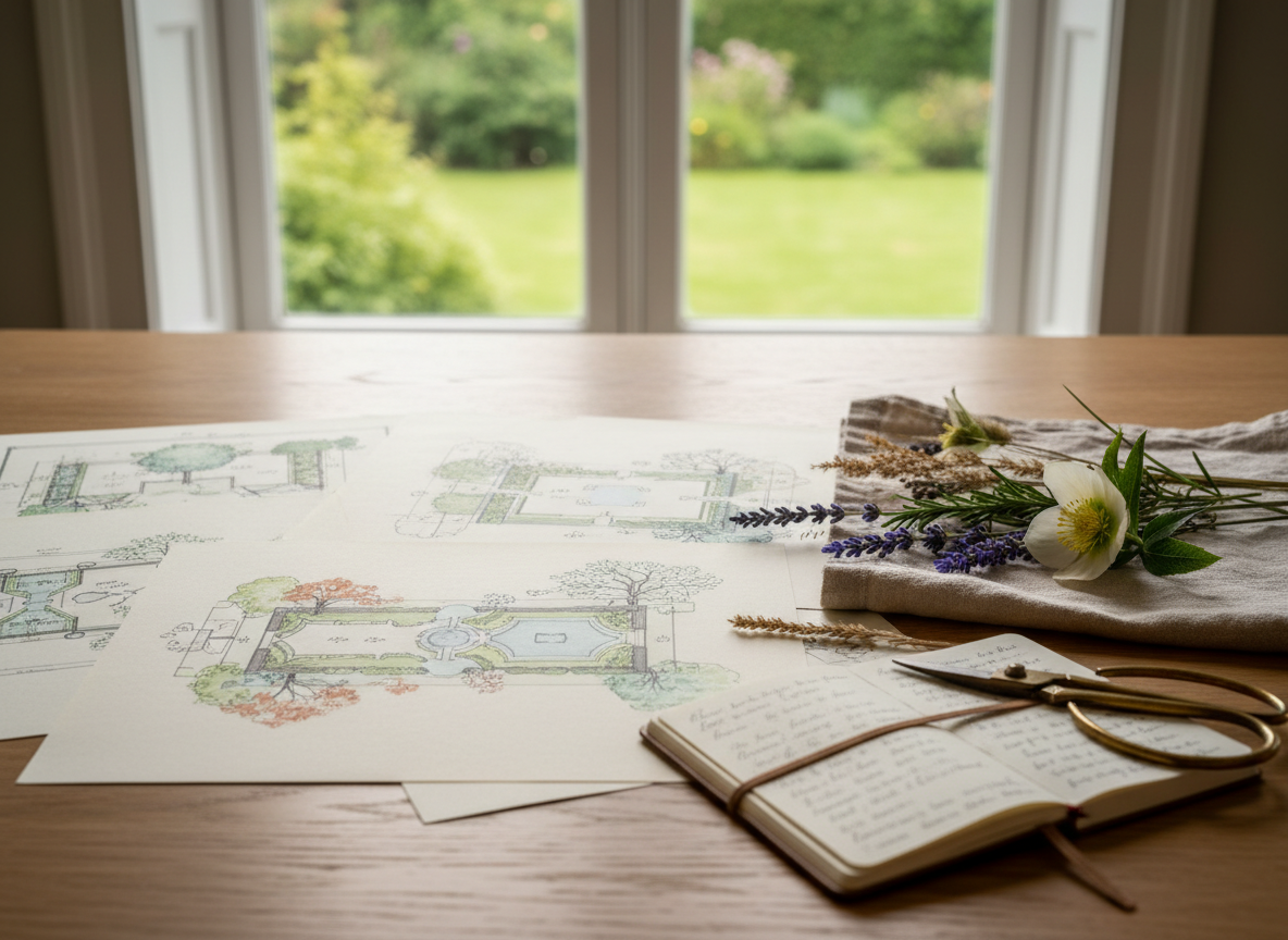 A refined garden consultation vignette laid out on a smooth oak table near a large window overlooking blurred greenery. Detailed, hand-drawn planting plans and elevation sketches are spread neatly, showing layered borders, specimen trees, and water features rendered in soft graphite and muted watercolor washes. Beside them rests a small collection of plant samples: sprigs of scented foliage, textured seed heads, and a single delicate flower placed on unbleached linen. Natural daylight spills across the table from the left, creating gentle highlights on the paper’s tooth and subtle shadows from the stems. Photographed from a slightly overhead angle with selective focus, the central plan is crisp while the edges softly fade. The atmosphere is thoughtful and sophisticated, combining design precision with tactile, ecological sensitivity in clean, photographic realism.