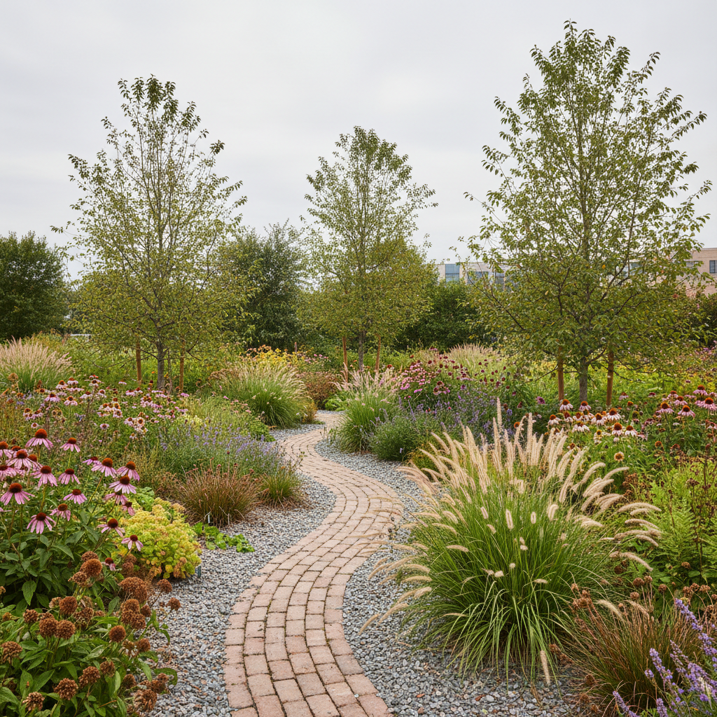 A meticulously designed ecological planting scheme in a medium-sized city garden, showcasing interwoven drifts of native perennials, structural seed heads, and multi-stemmed small trees emerging from a mulch of fine gravel. A narrow, sinuous path of clay-colored brick threads through the planting, barely visible in places where foliage spills over. Soft overcast daylight creates even, diffused illumination, enhancing the subtle greens, warm browns, and muted purples of flowers and stems. Captured from a slightly raised perspective, the composition uses the path as a leading line, with sharp focus throughout to emphasize plant diversity and habitat structure. The atmosphere is quietly vibrant and intelligent, photographic and documentary in style, celebrating resilient, wildlife-friendly garden design with an understated, sophisticated mood.