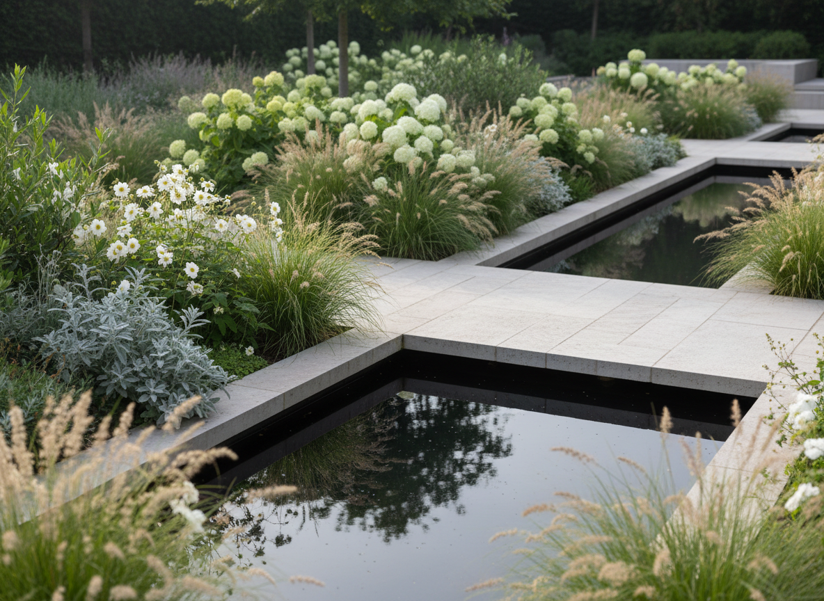 A tranquil contemporary garden sanctuary with layered planting beds of soft grasses, white-flowering perennials, and silver-leaved shrubs surrounding a narrow reflecting pool of dark, still water. Large-format pale stone pavers form a simple path that appears to float just above the surface. Early morning, diffused natural light gently illuminates dewdrops on foliage, with subtle reflections shimmering in the pool. The composition is photographed at eye level with a slight diagonal leading line from foreground to background, creating depth and calm. Background elements dissolve into a soft bokeh of greenery. The atmosphere is serene, refined, and contemplative, captured in photographic realism with a minimalist, sophisticated aesthetic that emphasizes ecology, balance, and emotional ease.