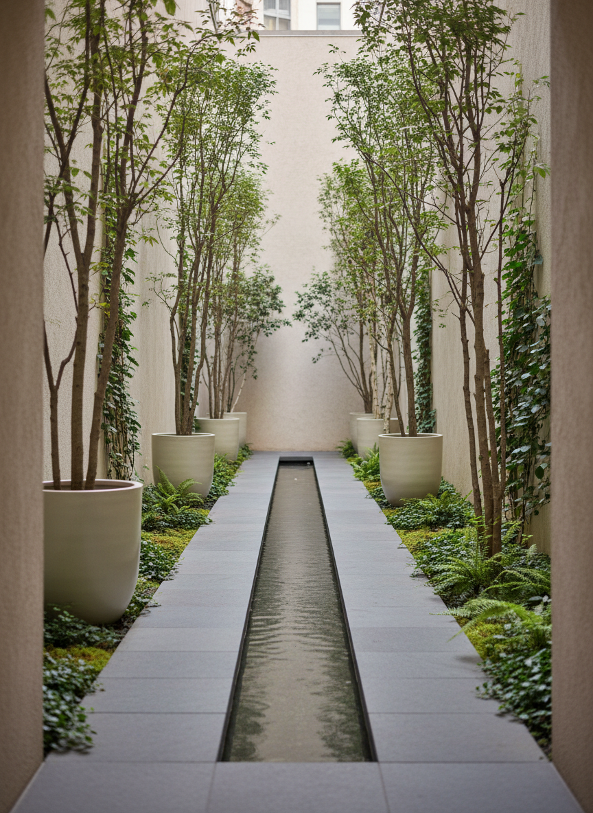A narrow urban courtyard transformed into a lush, restorative retreat, enclosed by high, pale plaster walls partially cloaked in climbing greenery. A simple linear rill of gently moving water runs beside a path of slim, dark stone slabs, separated by soft groundcover planting. Tall, slender ornamental trees in large, matte ceramic containers add vertical structure without crowding the space. Cool, indirect daylight filters down from above, creating a calm, evenly lit environment with subtle reflections on the water’s surface. Shot from eye level at the courtyard entrance, the composition draws the eye inward along the water and path. Background details are softly focused to suggest privacy. The mood is quietly luxurious, intimate, and restorative, captured in photographic realism with a clean, modern yet organic aesthetic.